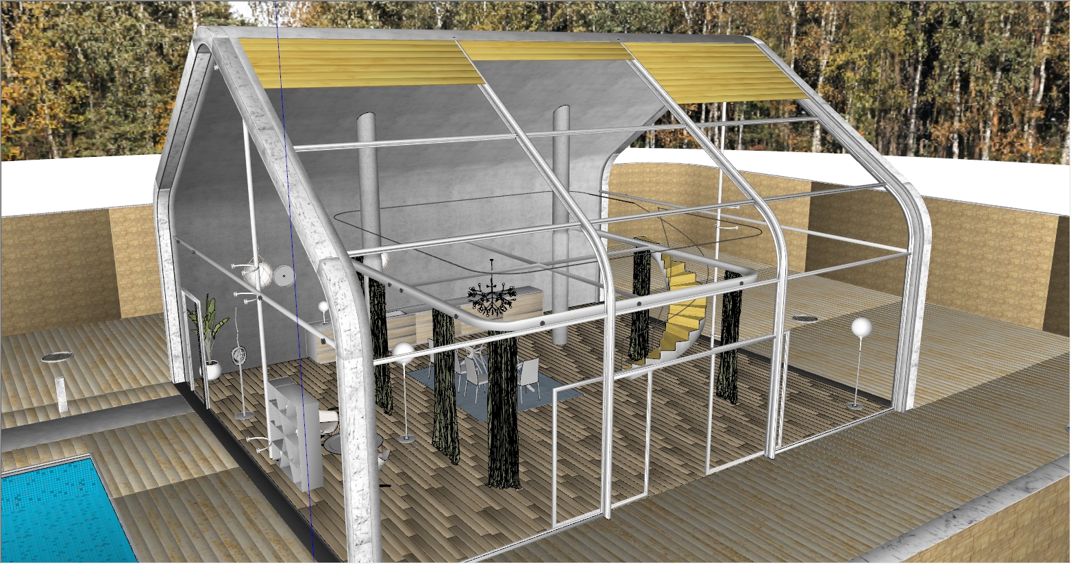 现代自然融合风别墅庭院民宿阳光房设计SU效果图