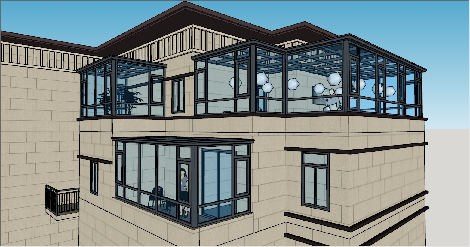 大型别墅阳台和露台组合式现代阳光房效果图