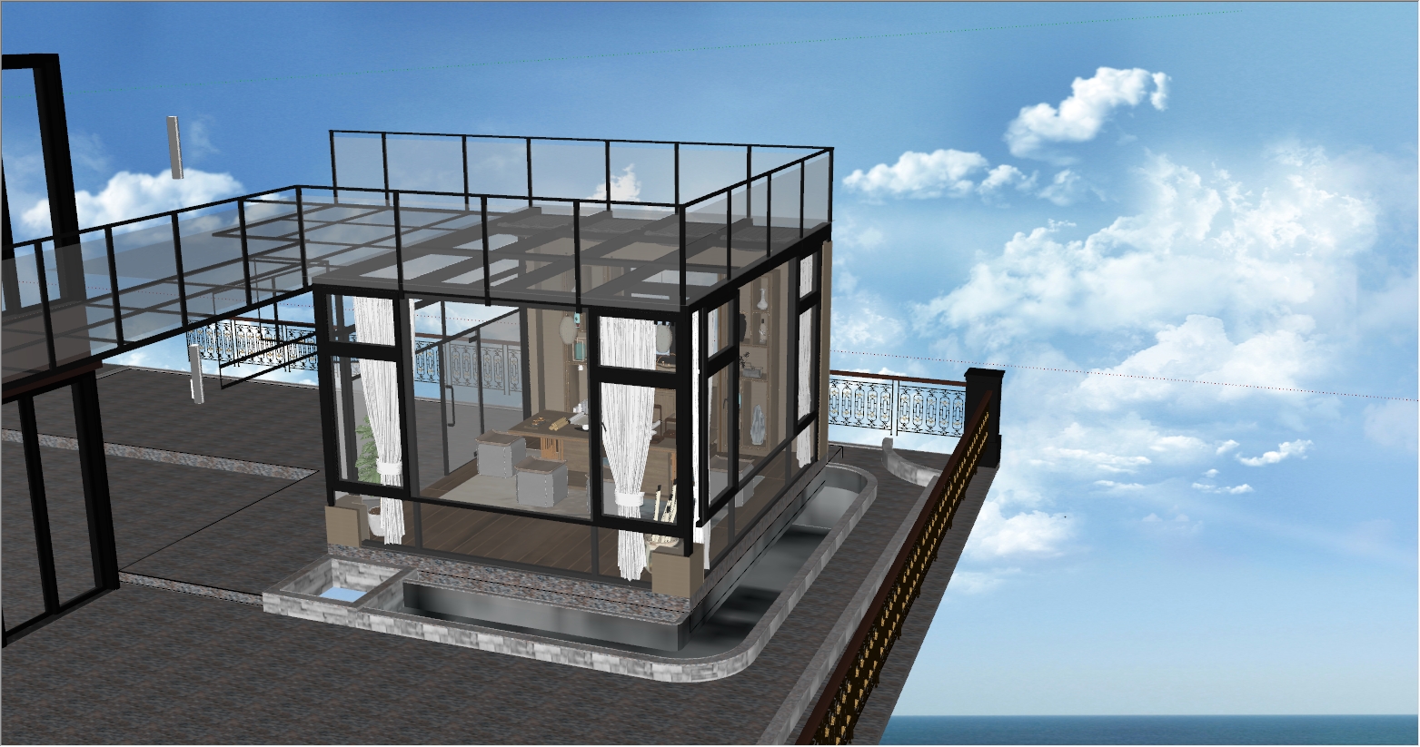 360° 海边屋顶新中式风格阳光房设计SU效果图