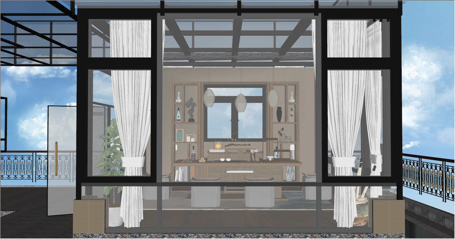 360° 海边屋顶新中式风格阳光房设计SU效果图