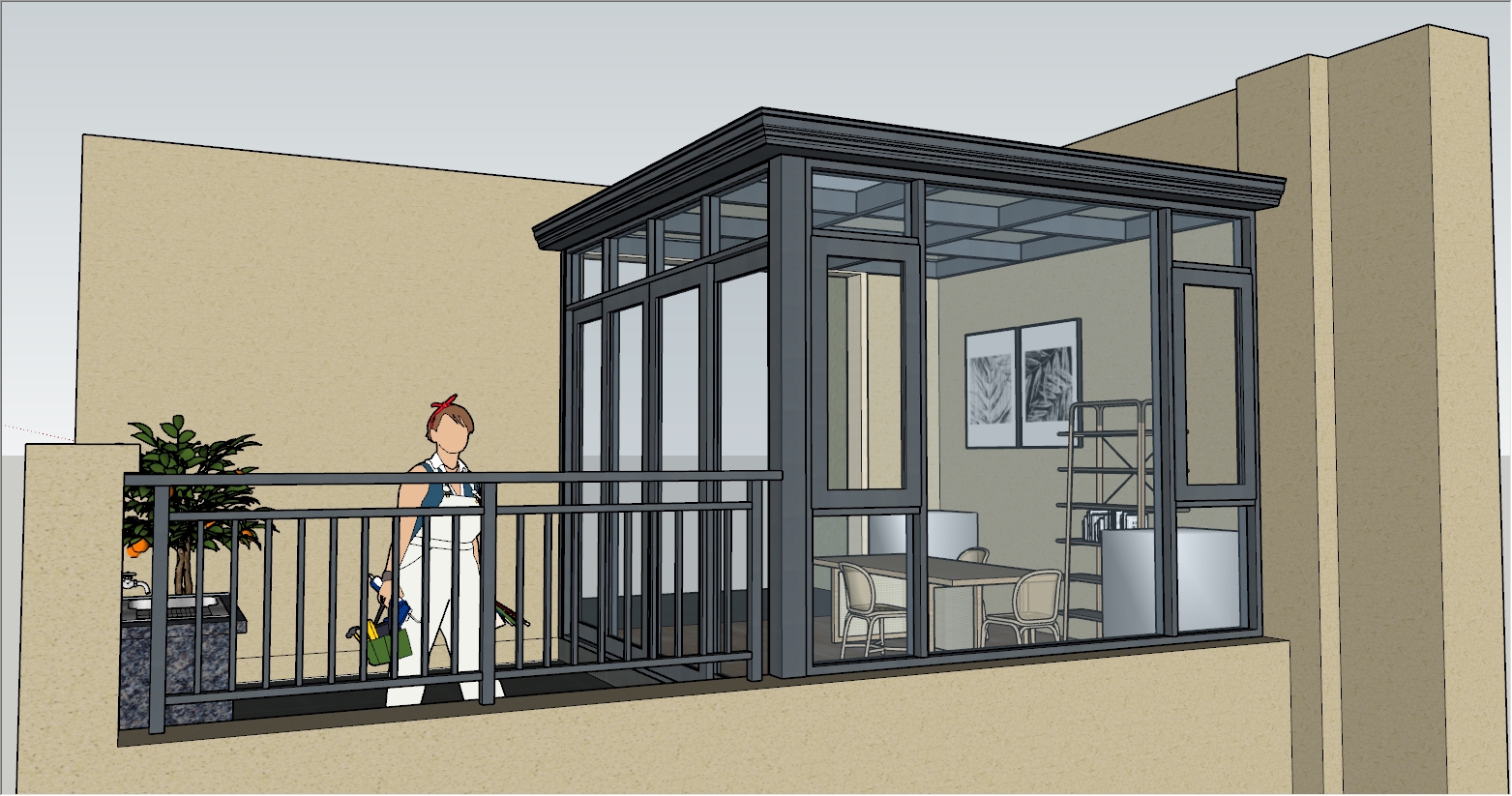 兼具休闲与实用的小型露台阳光房设计SU效果图