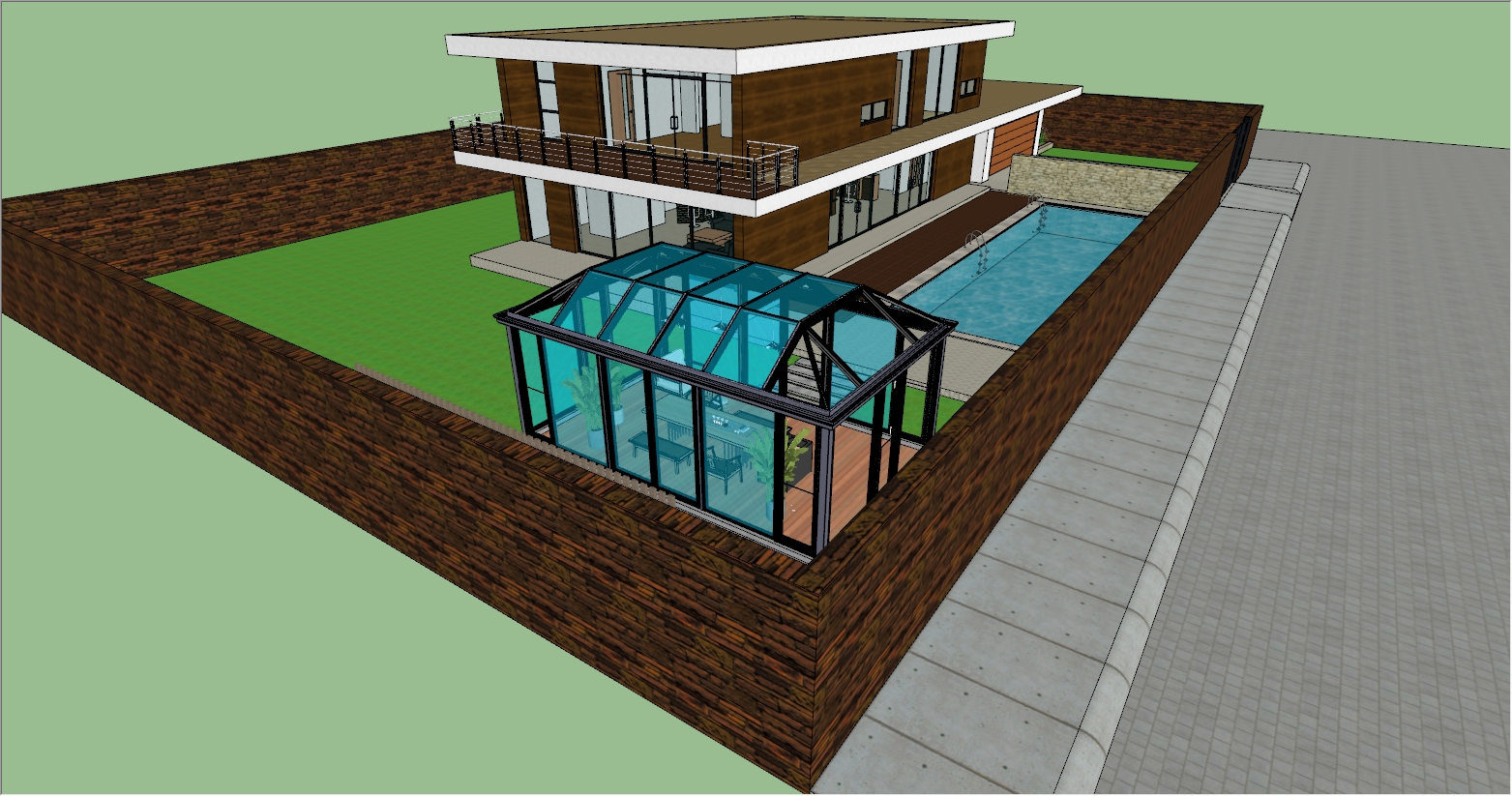 庭院花园内、游泳池边的阳光房SU设计效果图