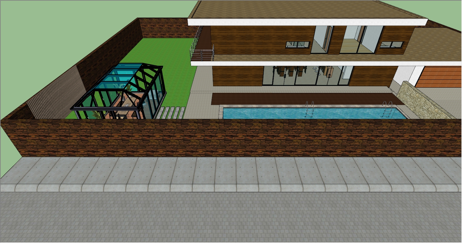 庭院花园内、游泳池边的阳光房SU设计效果图