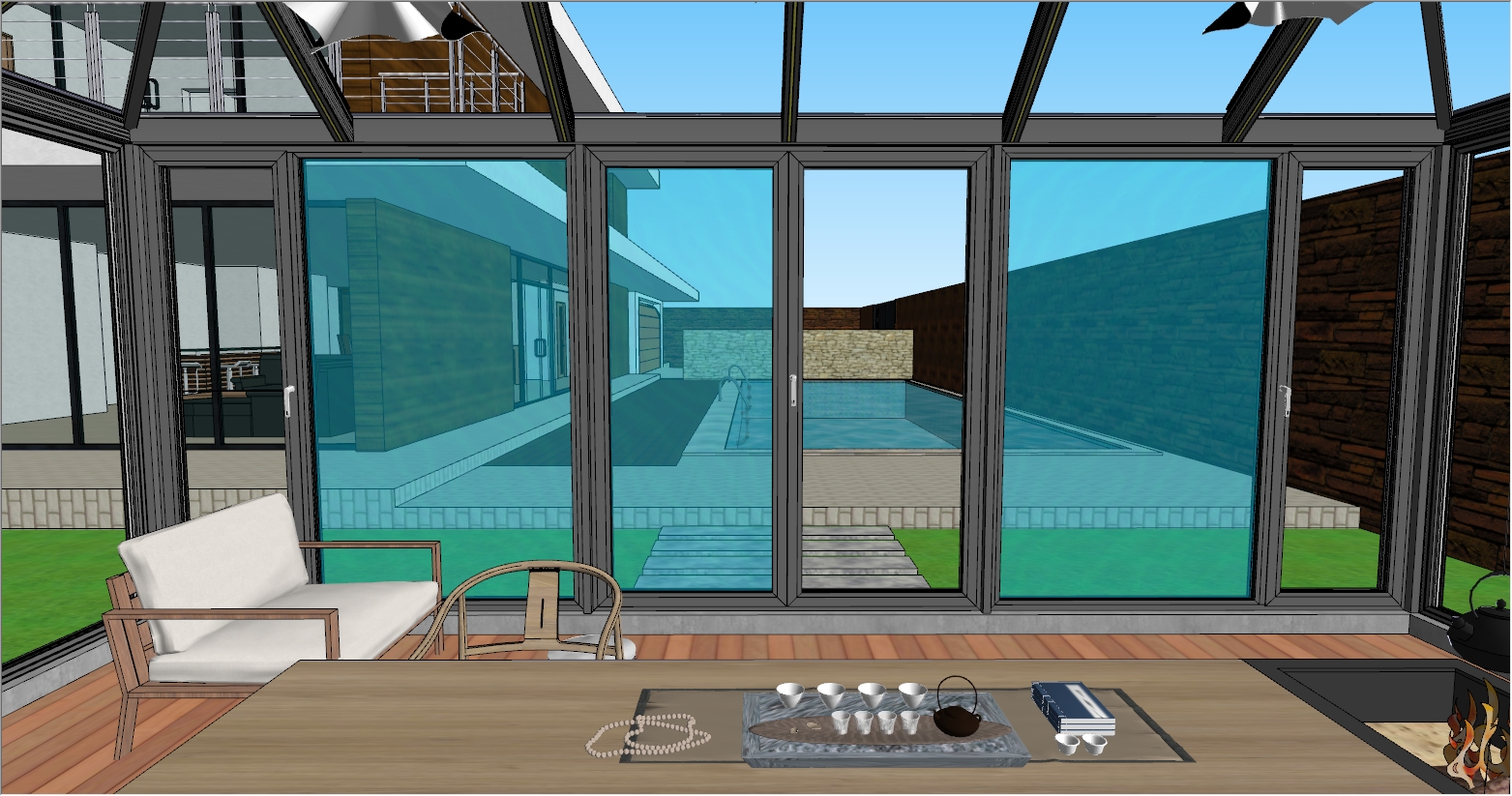 庭院花园内、游泳池边的阳光房SU设计效果图