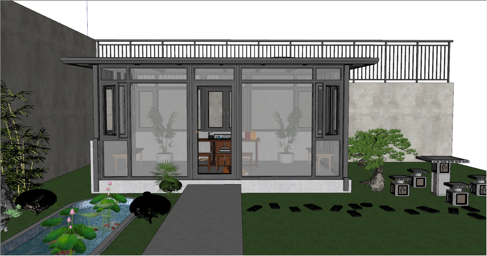 下沉式庭院新中式阳光房SU设计效果图
