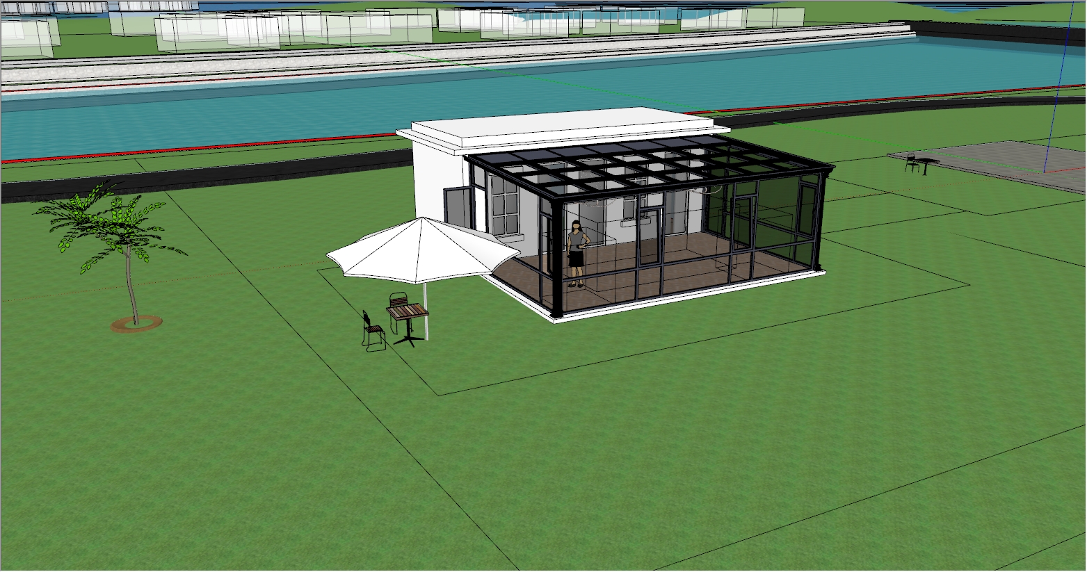建筑及配套衔接的庭院花园后院阳光房设计效果图