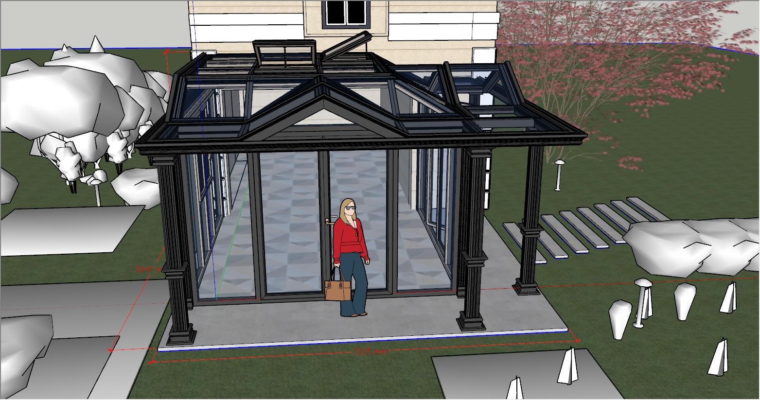 新古典与现代融合风格庭院花园阳光房SU设计效果图