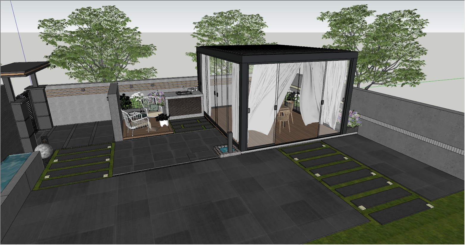 庭院花园电动翻板式铝合金凉亭设计SU效果图