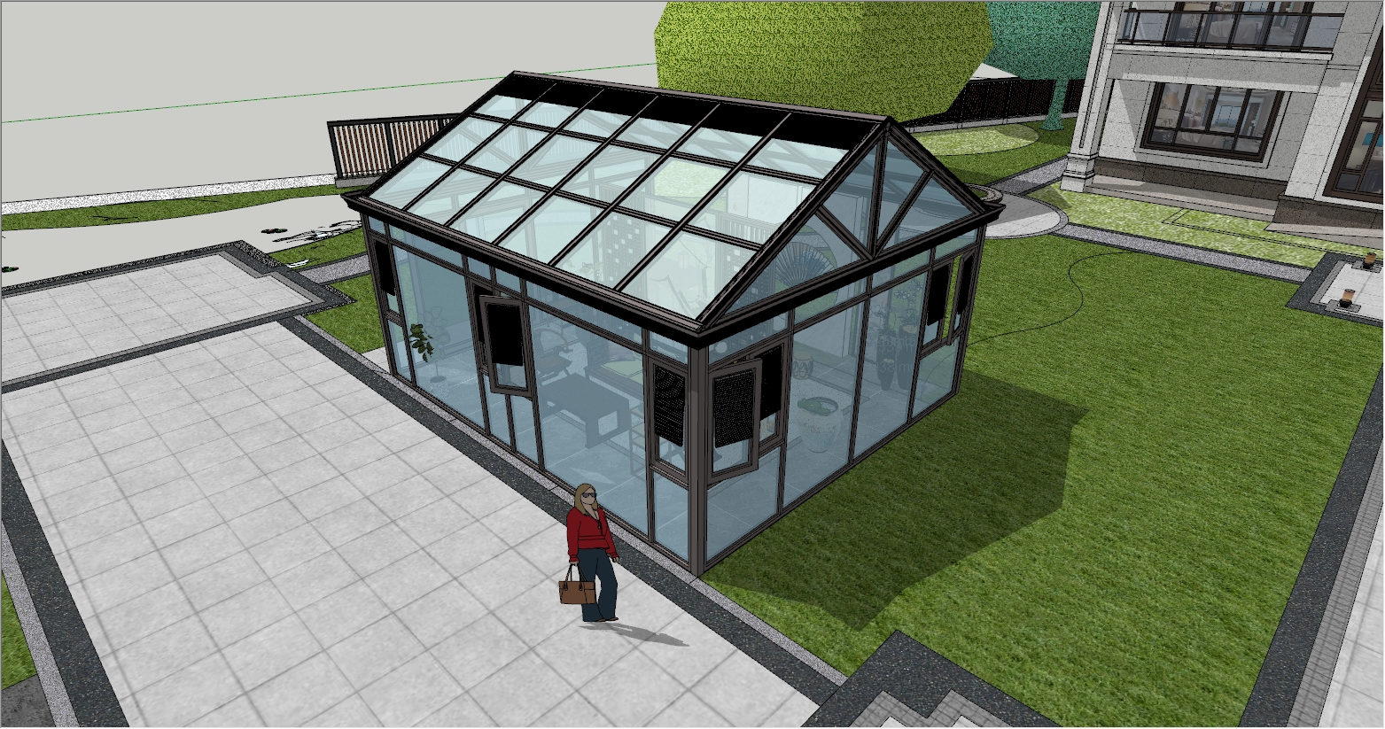 新中式风格元素庭院花园阳光房设计SU效果图