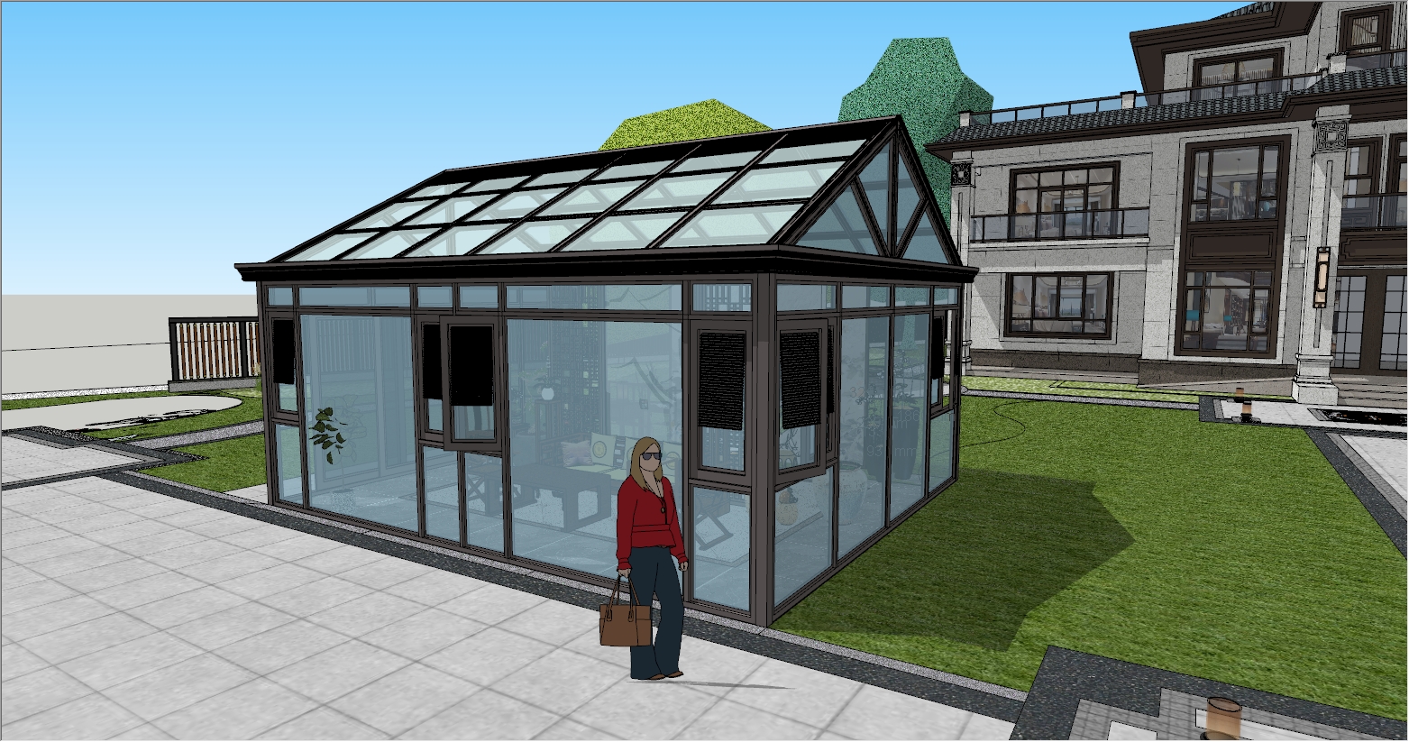 新中式风格元素庭院花园阳光房设计SU效果图