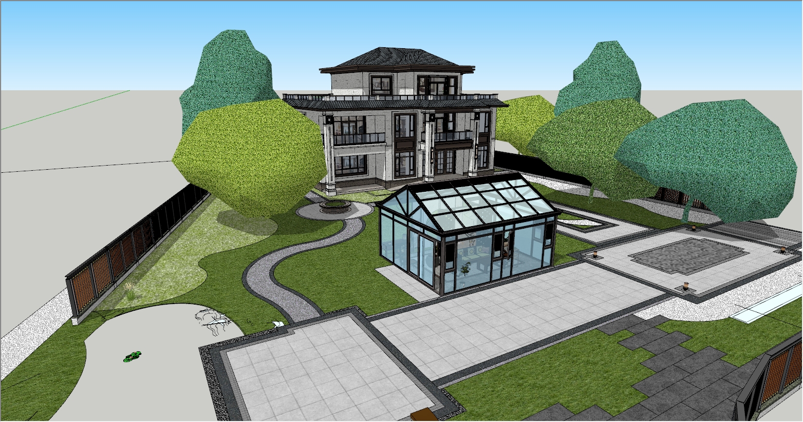 新中式风格元素庭院花园阳光房设计SU效果图