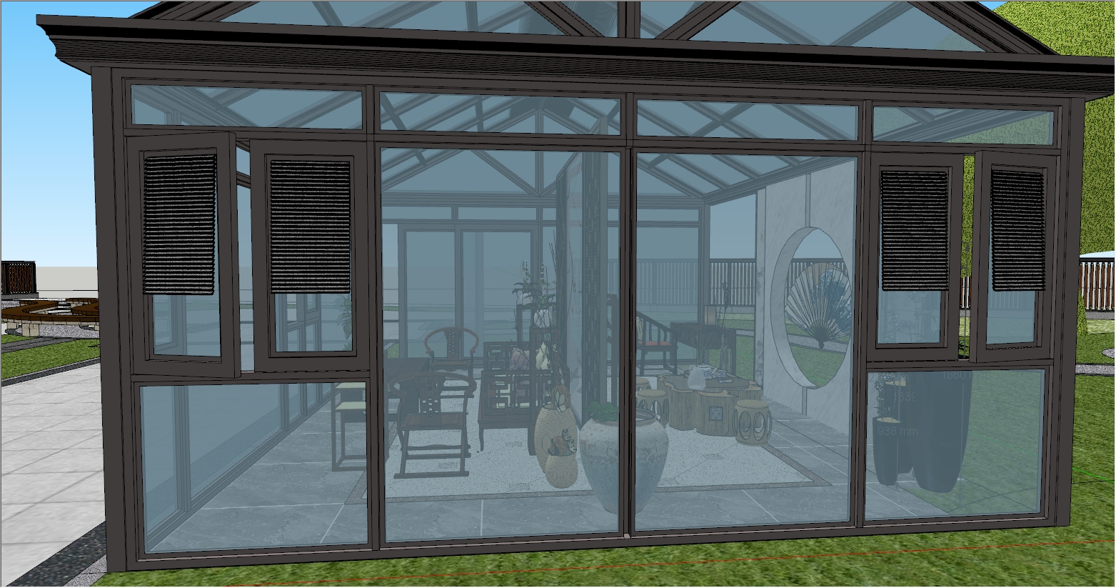 新中式风格元素庭院花园阳光房设计SU效果图