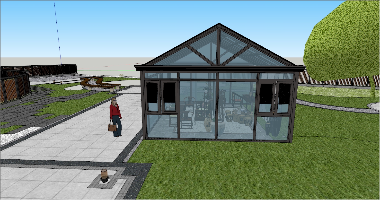 新中式风格元素庭院花园阳光房设计SU效果图