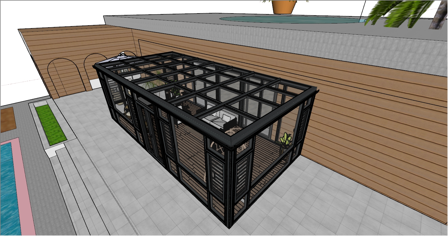 为了配套游泳池户外生活的高端庭院阳光房设计效果图