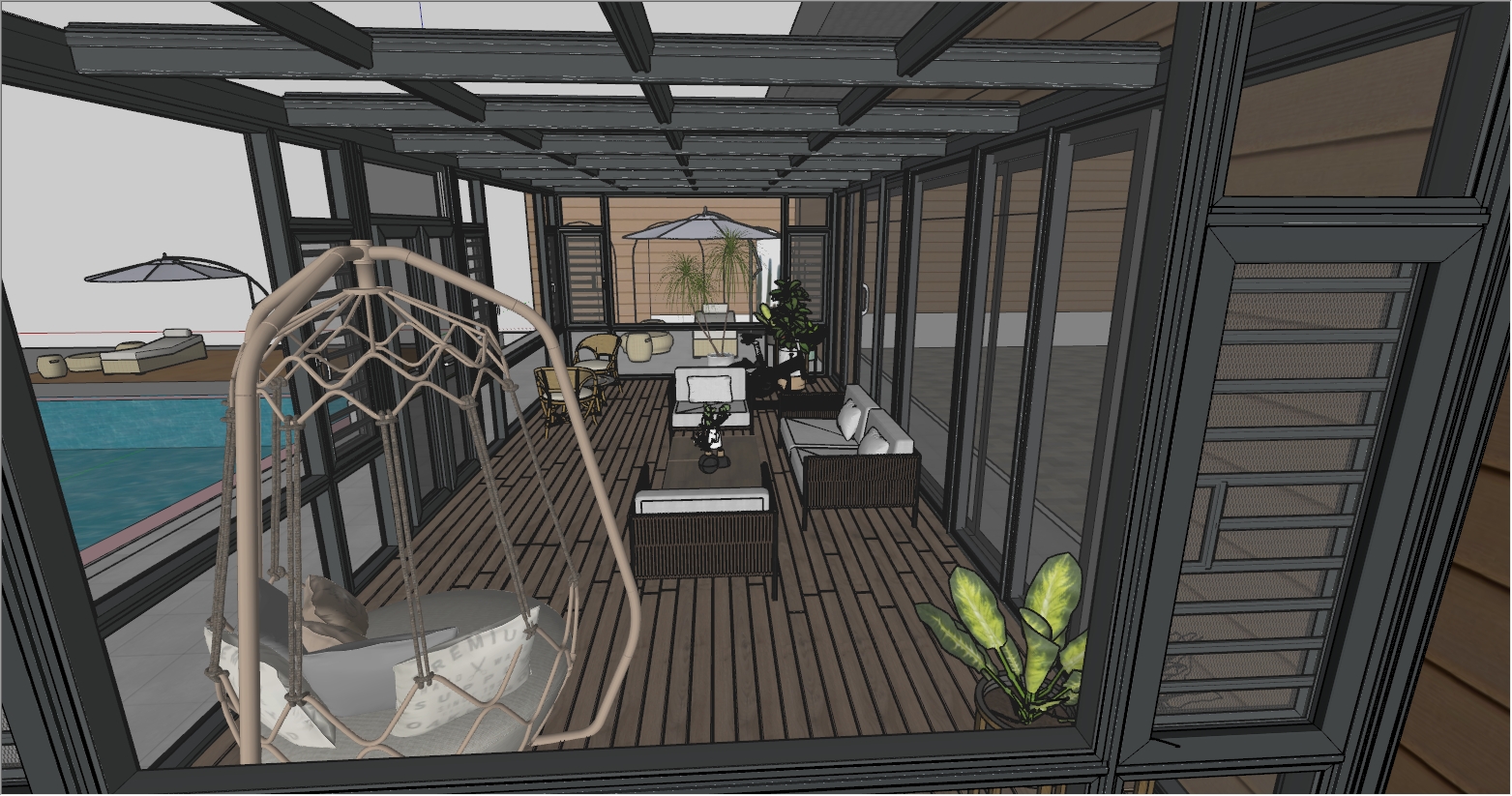 为了配套游泳池户外生活的高端庭院阳光房设计效果图