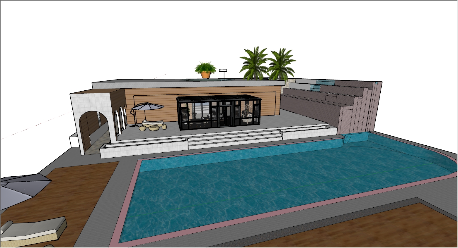 为了配套游泳池户外生活的高端庭院阳光房设计效果图