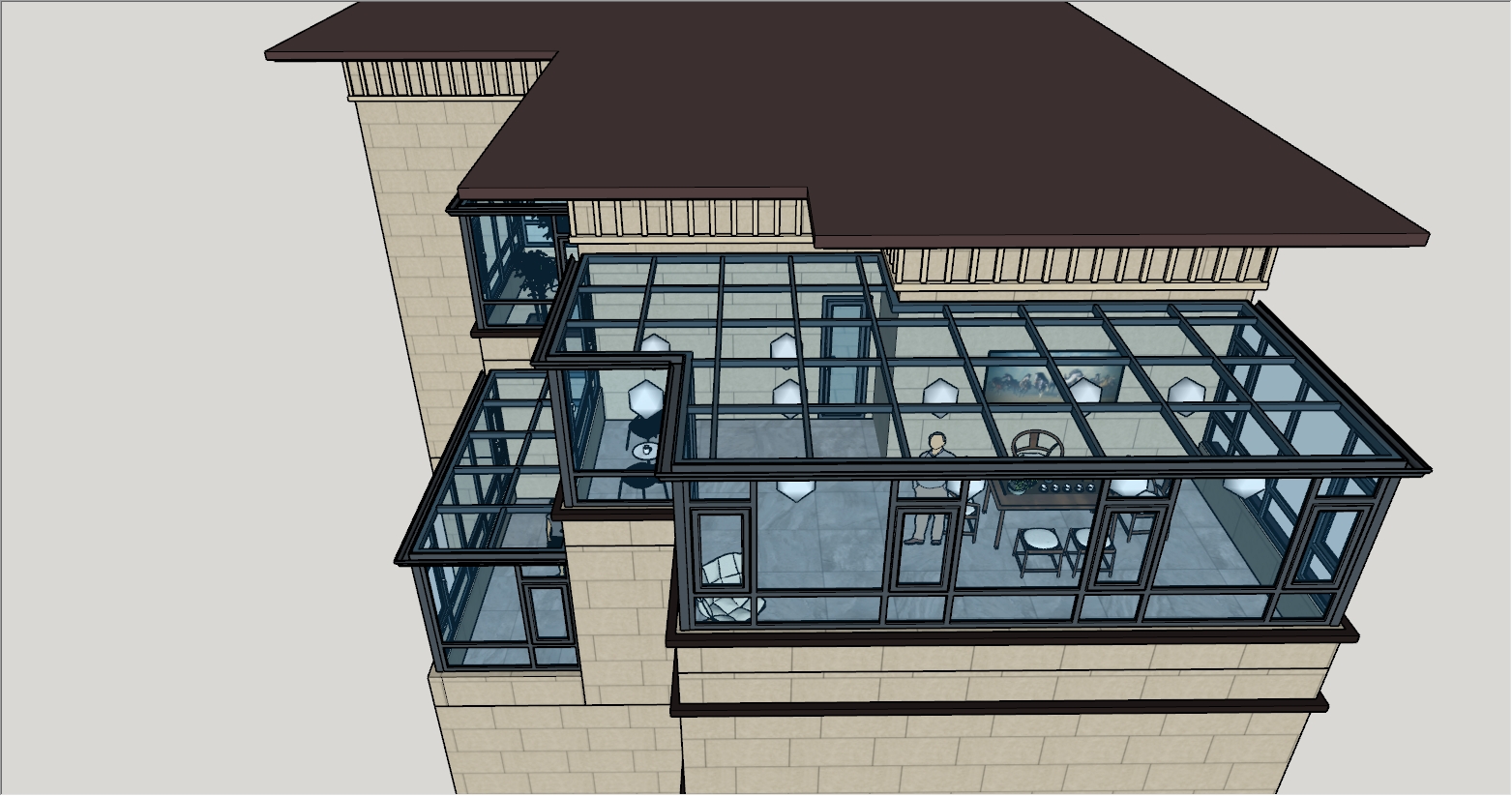 大型别墅阳台和露台组合式现代阳光房效果图