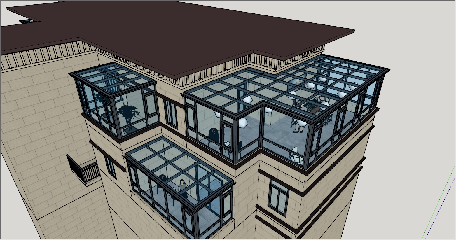 大型别墅阳台和露台组合式现代阳光房效果图