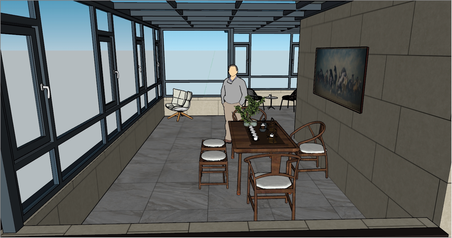 大型别墅阳台和露台组合式现代阳光房效果图