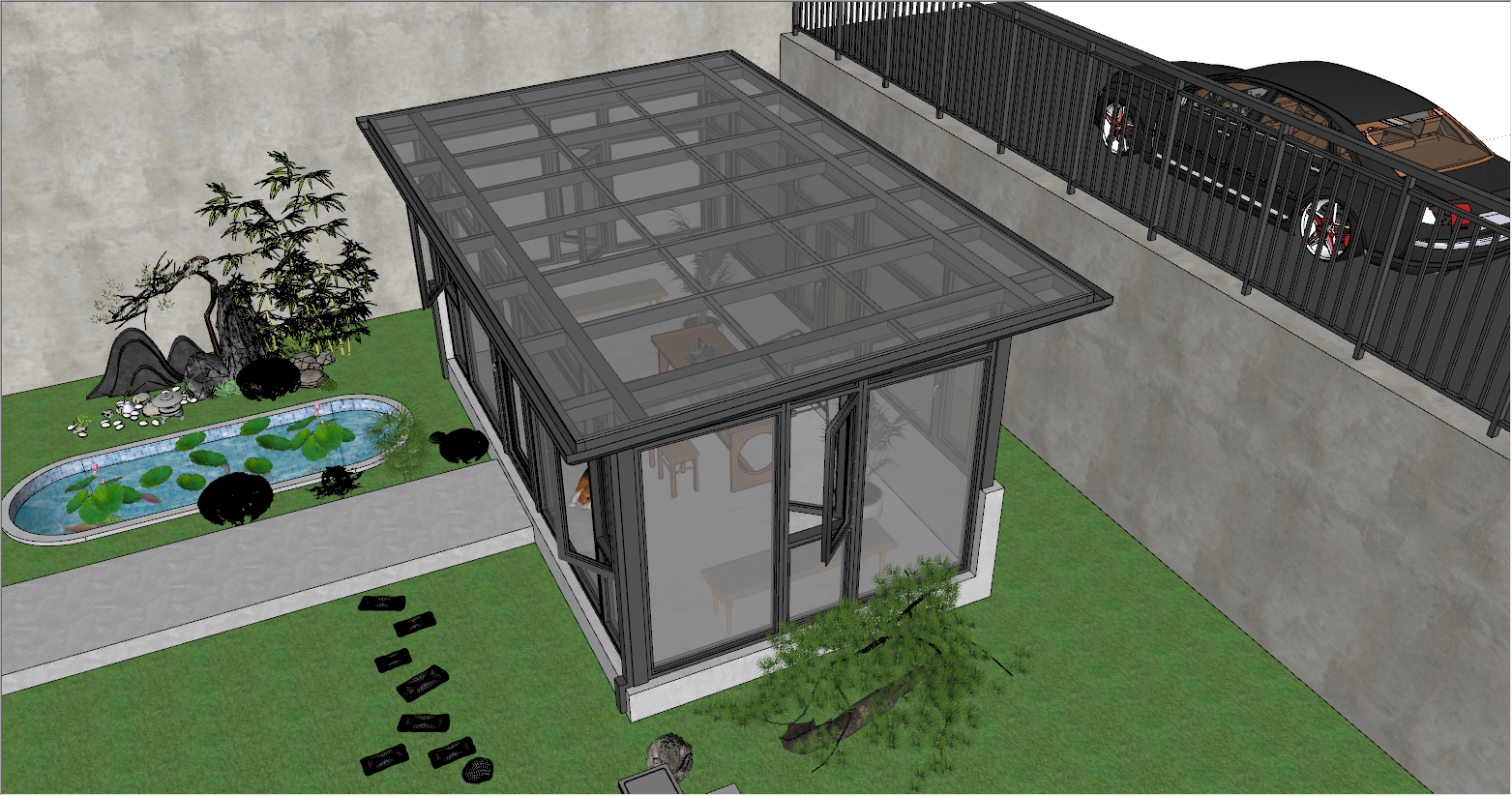 下沉式庭院新中式阳光房SU设计效果图