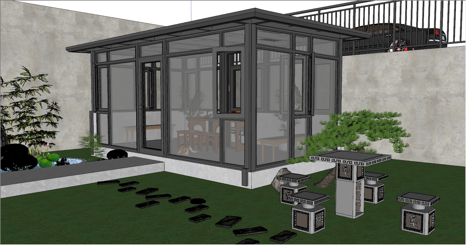 下沉式庭院新中式阳光房SU设计效果图