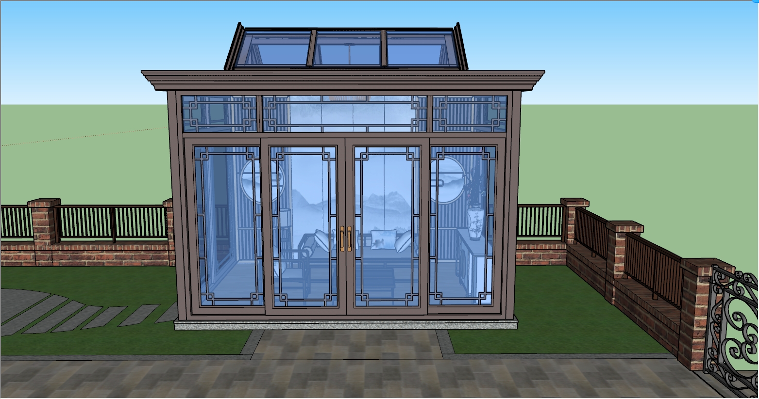 新中式风格独立花园茶室阳光房设计SU效果图