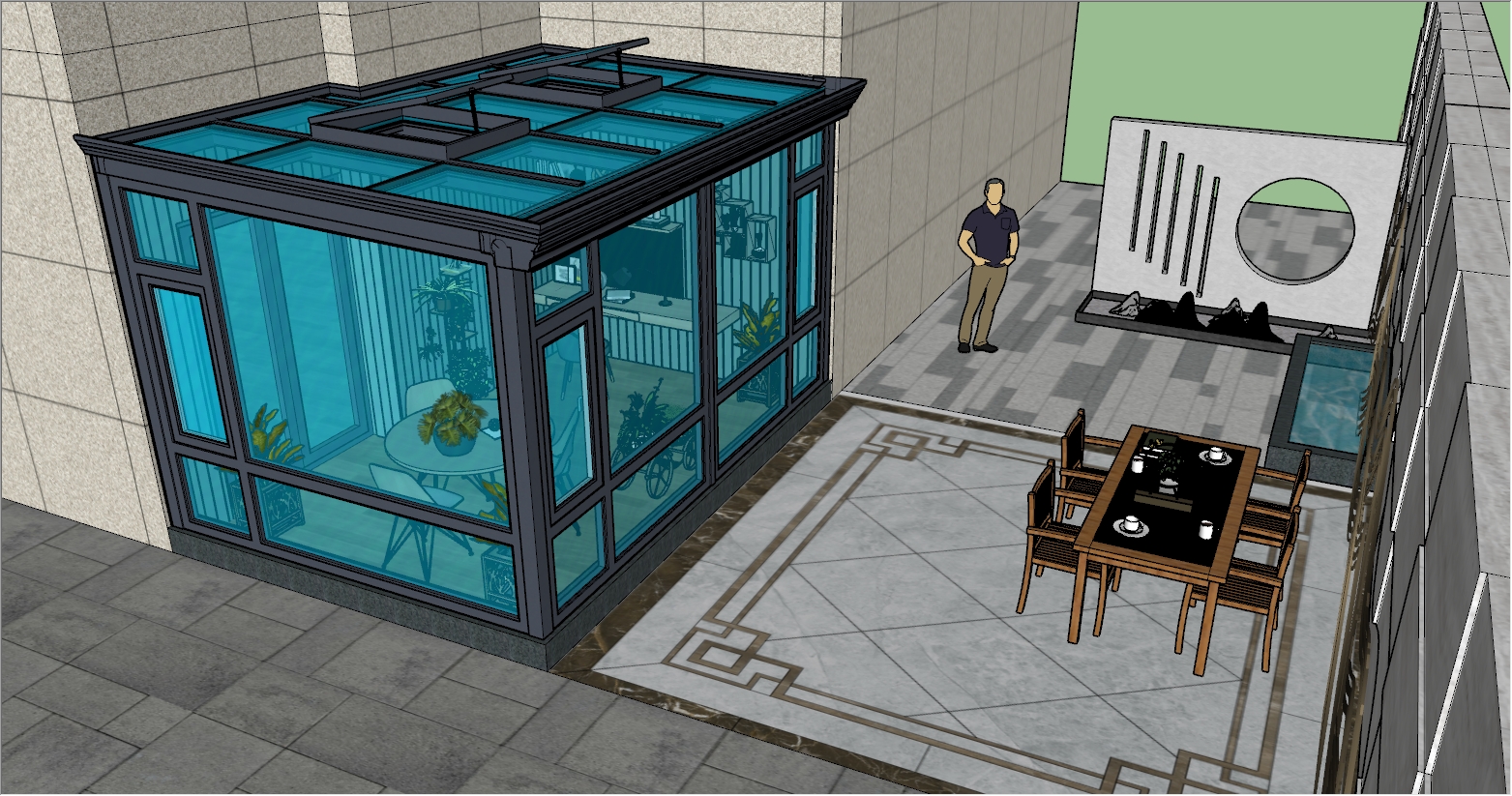 一楼庭院现代简约融合自然风阳光房设计效果图