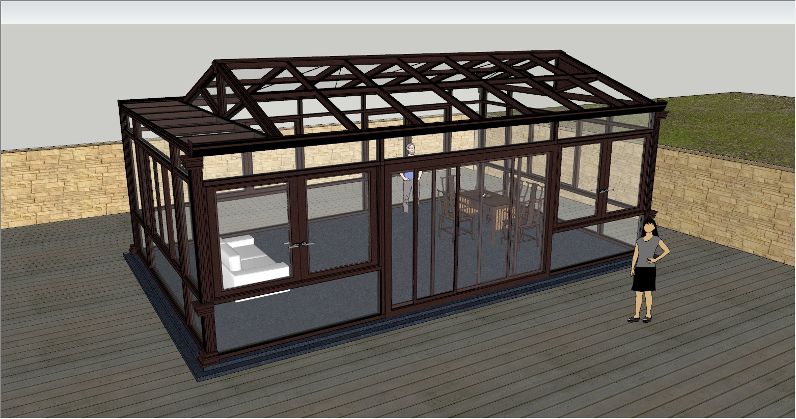 现代工业风庭院带木质平台阳光房设计SU效果图