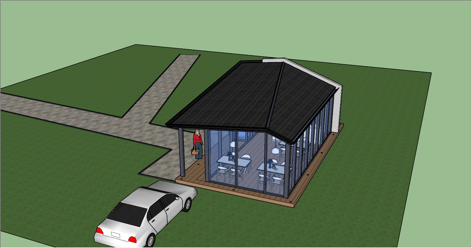 景区异形顶阳光房咖餐厅SU设计效果图