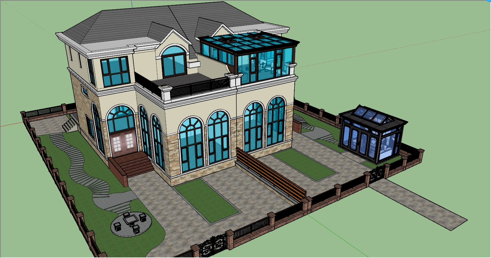 新中式风格独立花园茶室阳光房设计SU效果图