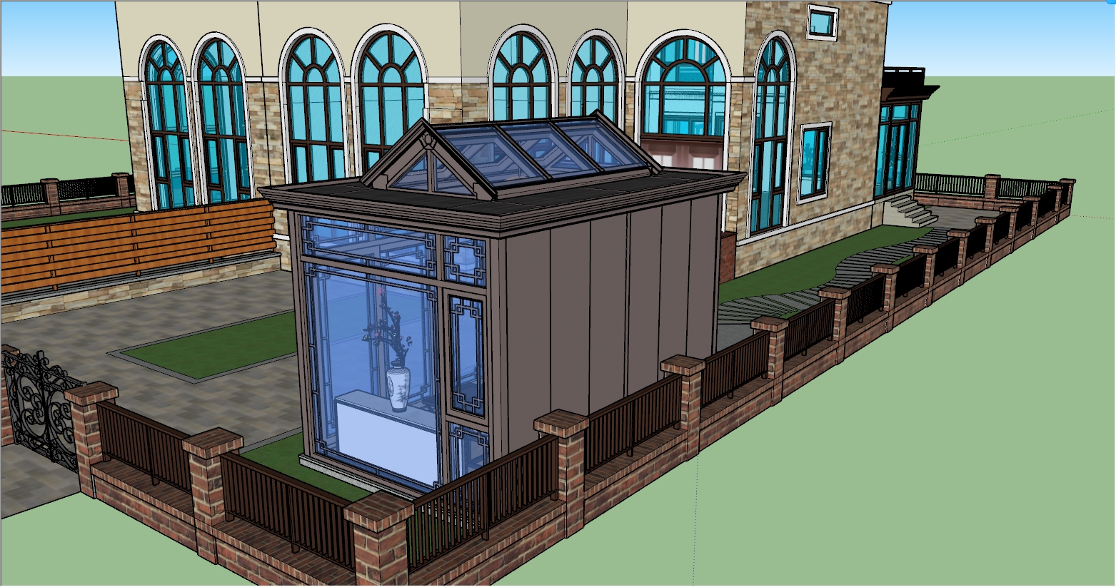 新中式风格独立花园茶室阳光房设计SU效果图