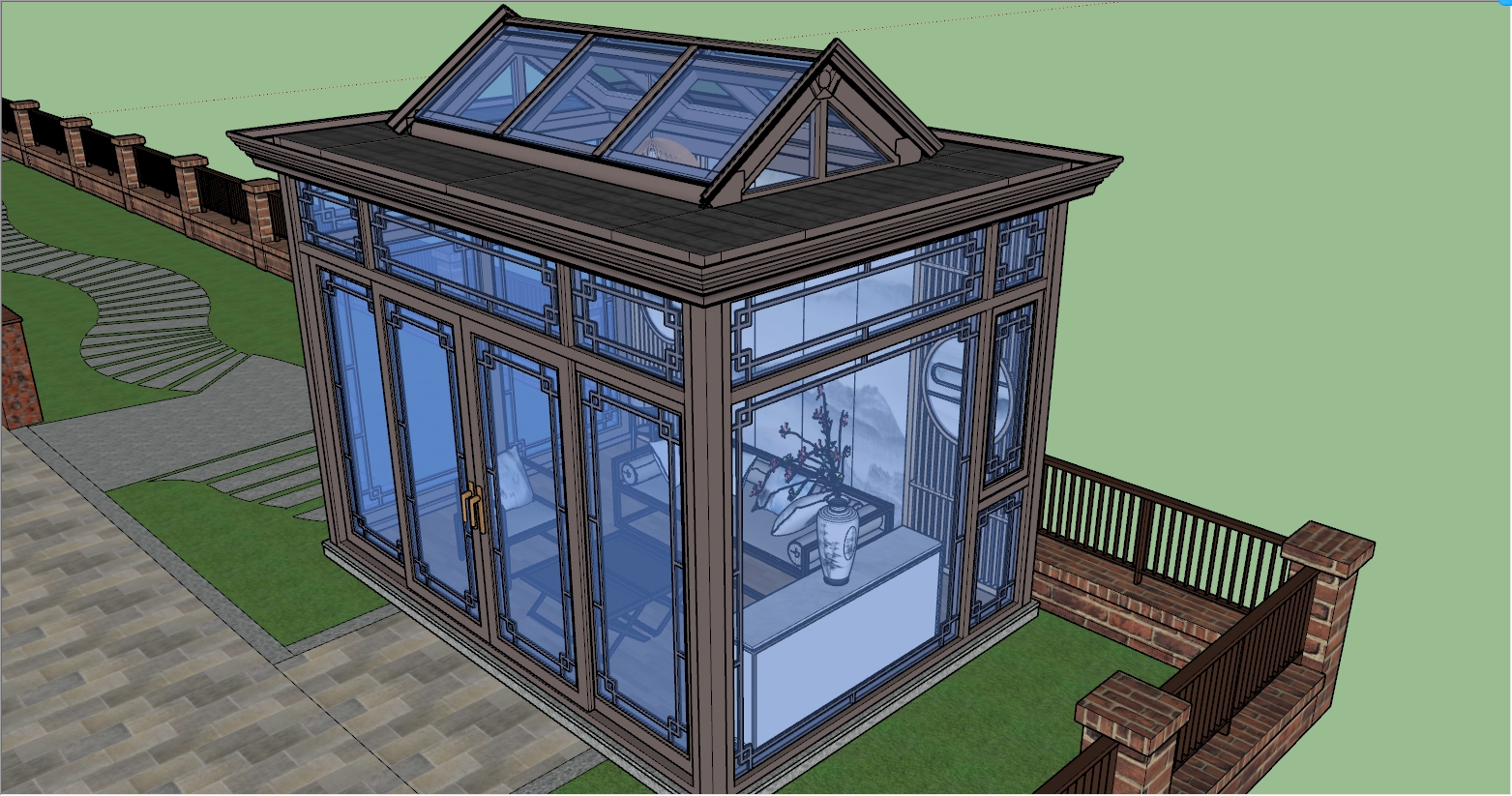 新中式风格独立花园茶室阳光房设计SU效果图