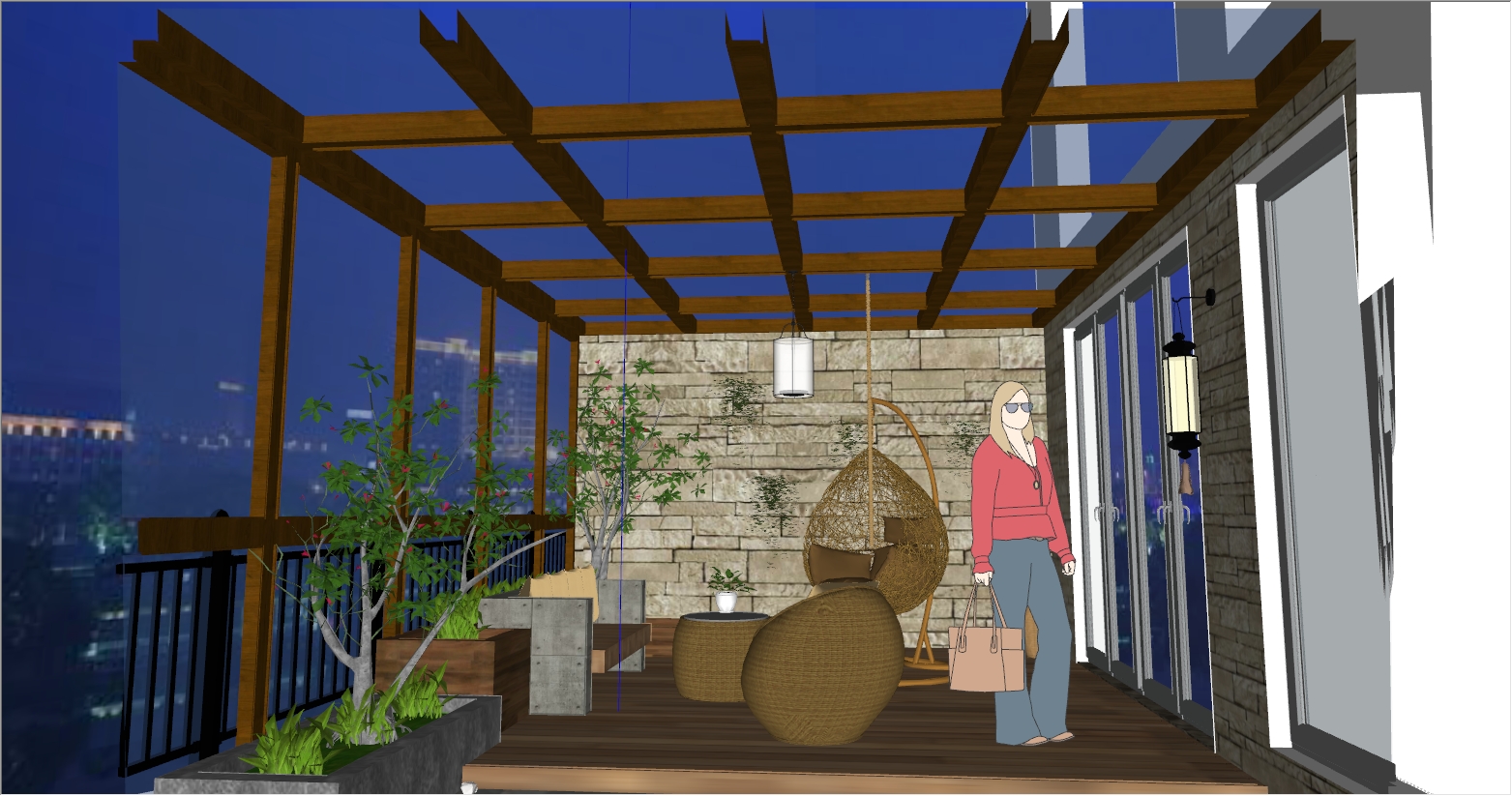 城市二楼露台阳光房茶室SU设计效果图