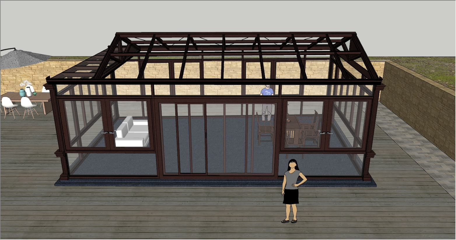 现代工业风庭院带木质平台阳光房设计SU效果图