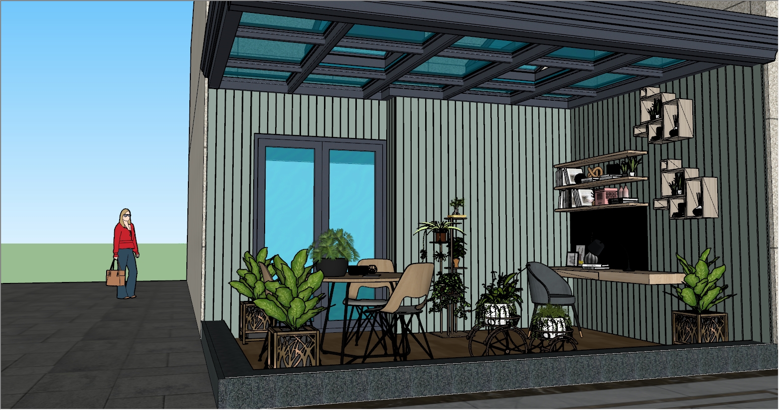 一楼庭院现代简约融合自然风阳光房设计效果图