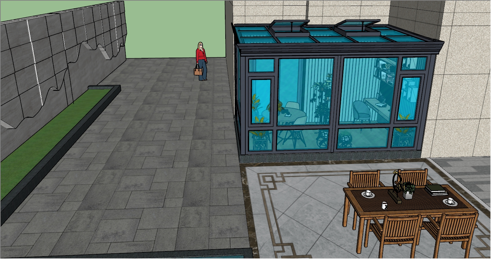 一楼庭院现代简约融合自然风阳光房设计效果图