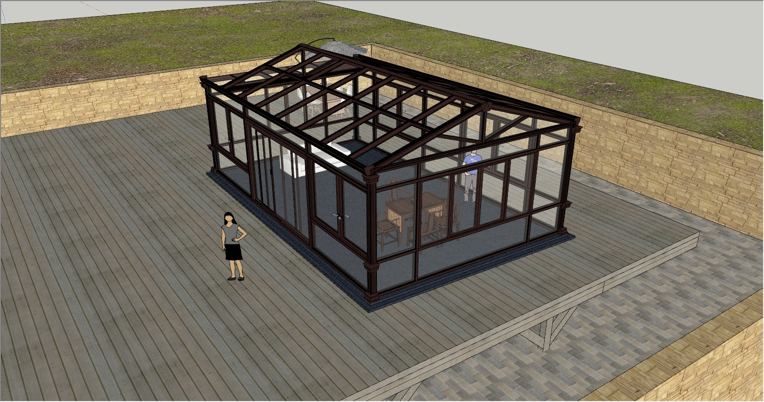 现代工业风庭院带木质平台阳光房设计SU效果图