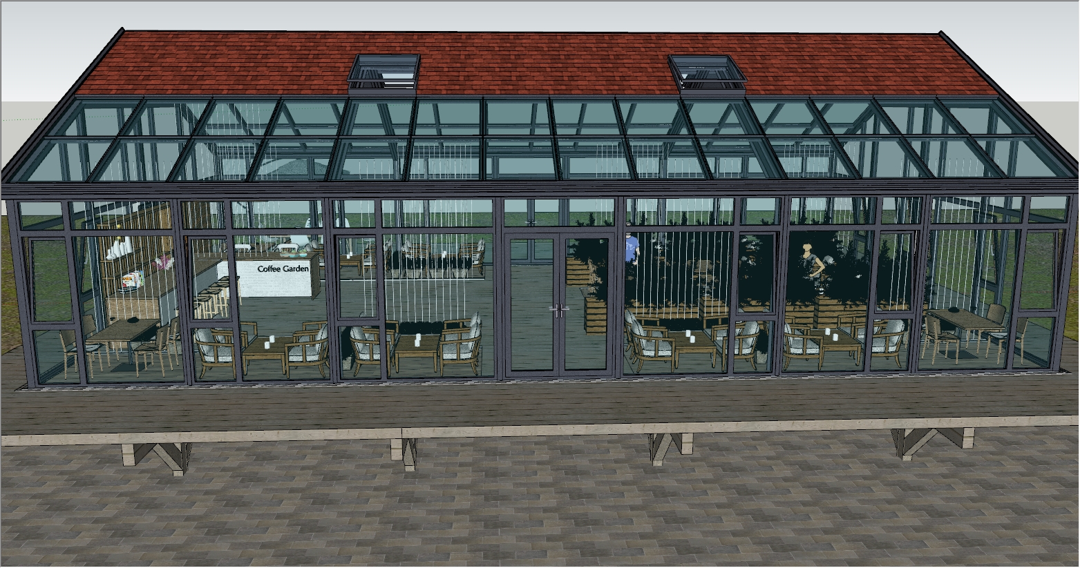 景区公园人字顶咖啡馆阳光房设计SU效果图