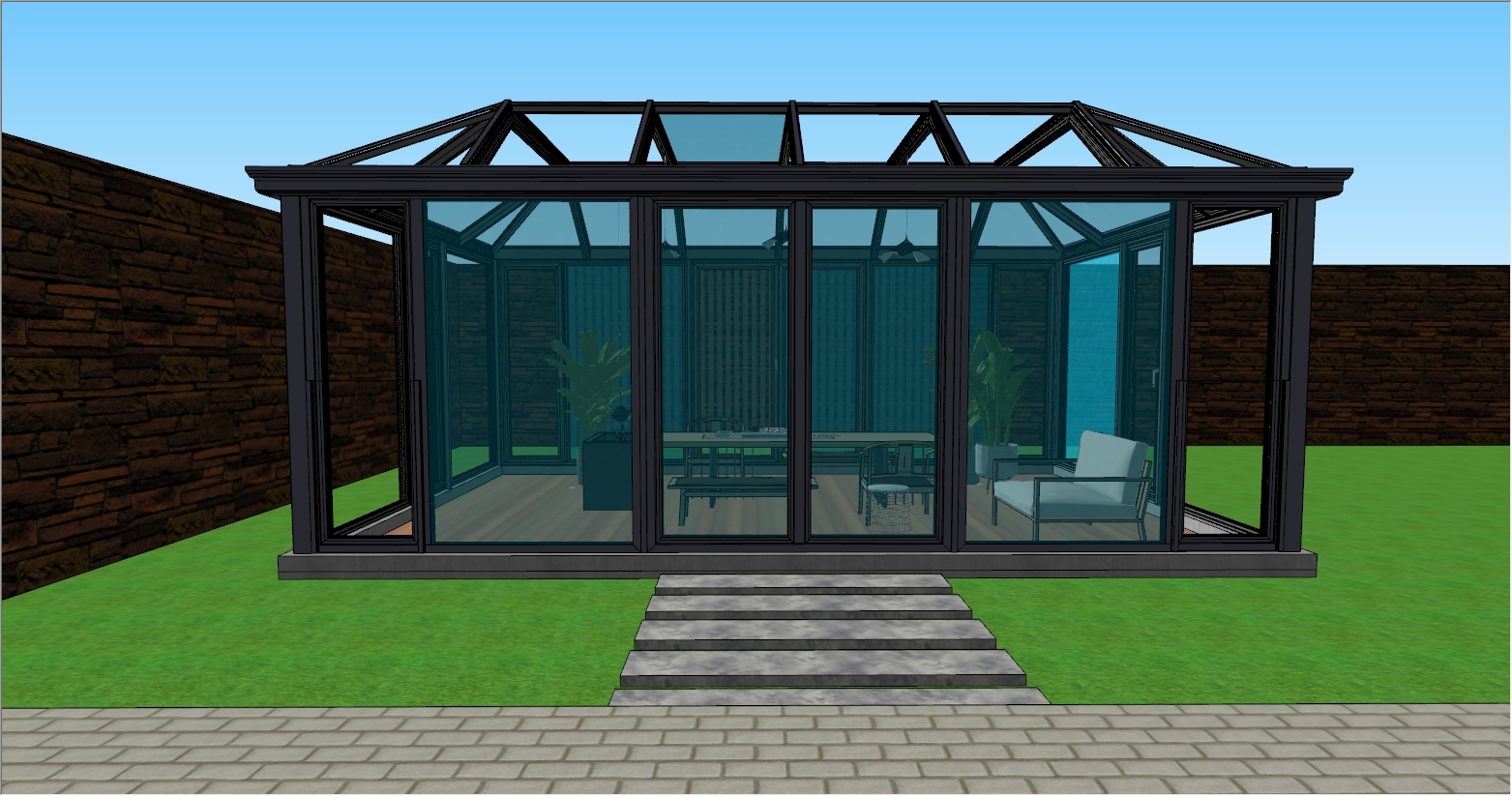 庭院花园内、游泳池边的阳光房SU设计效果图