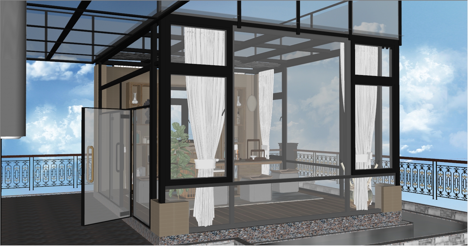 360° 海边屋顶新中式风格阳光房设计SU效果图