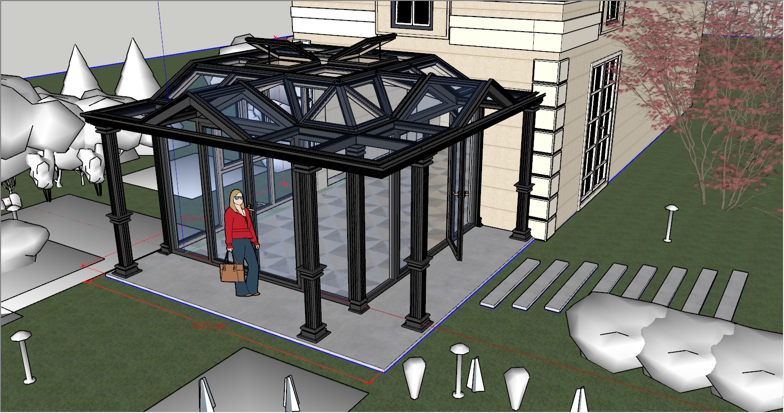 新古典与现代融合风格庭院花园阳光房SU设计效果图