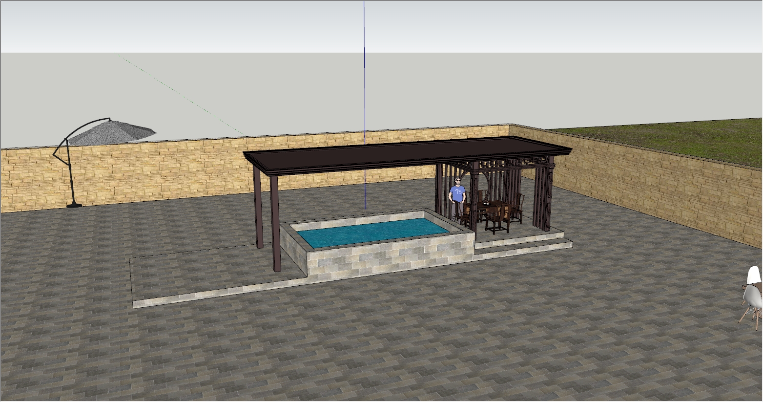 新中式雨棚凉亭一体化的阳光房SU设计效果图与设计动画