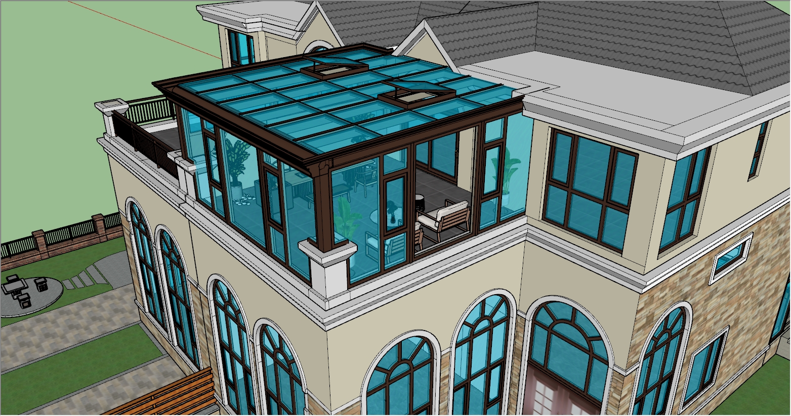 别墅三楼露台欧式风格阳光房设计SU效果图