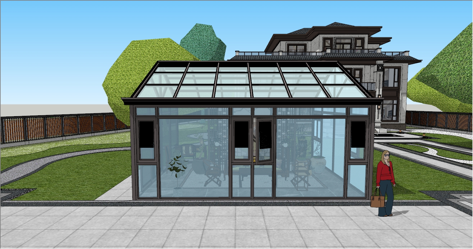 新中式风格元素庭院花园阳光房设计SU效果图