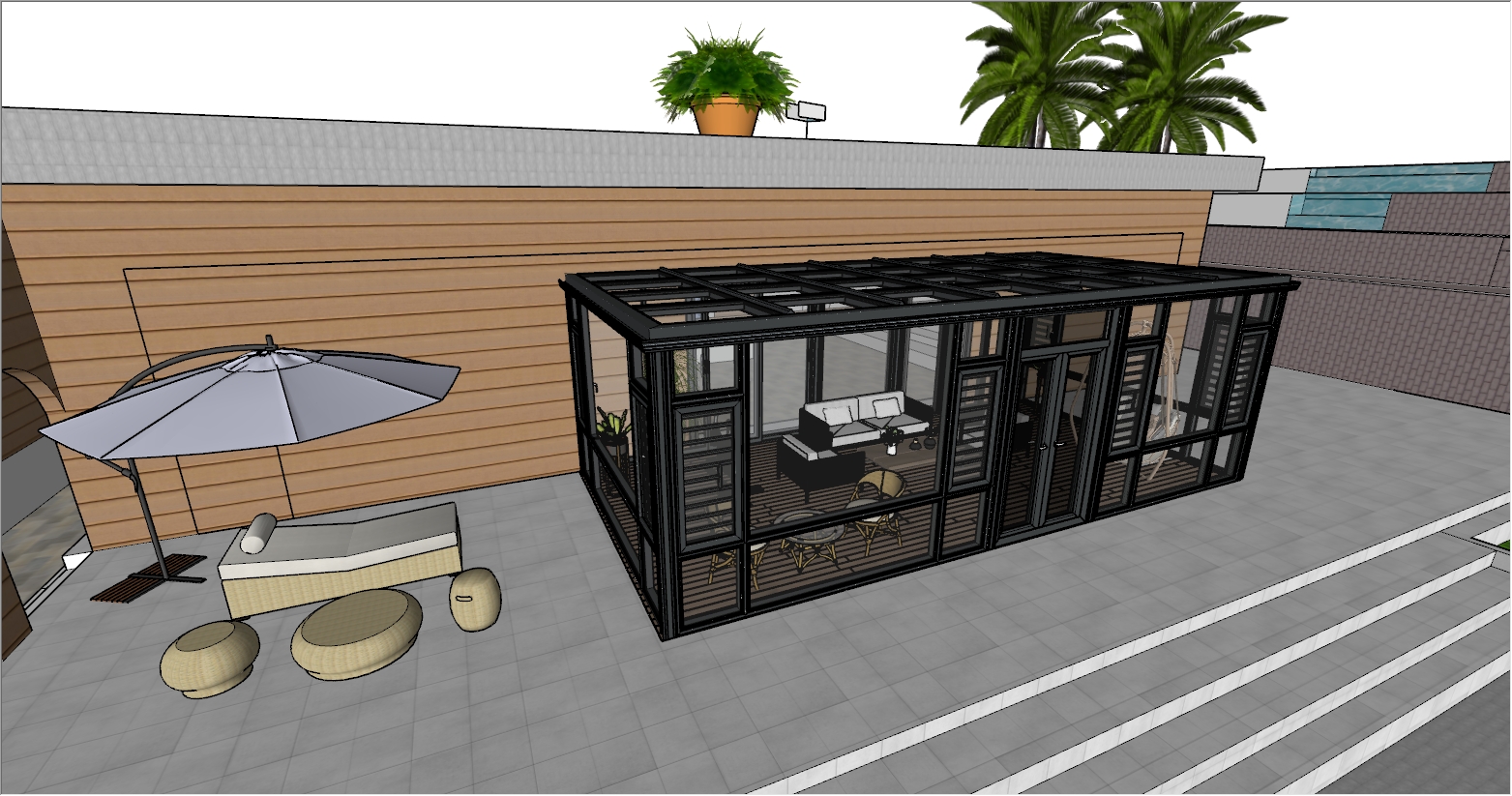 为了配套游泳池户外生活的高端庭院阳光房设计效果图